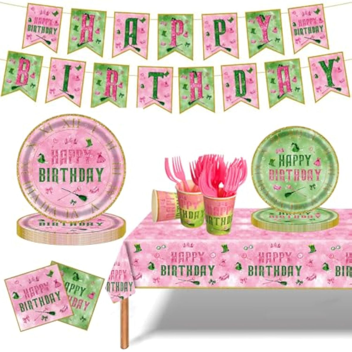 122Pcs Wicked Party Supplies Pink And Green Birthday Party Decorations Witch Party Decorations Tableware Set Wicked Plates And Napkins,Banner,Tablecloths,Cups For 24 Guests