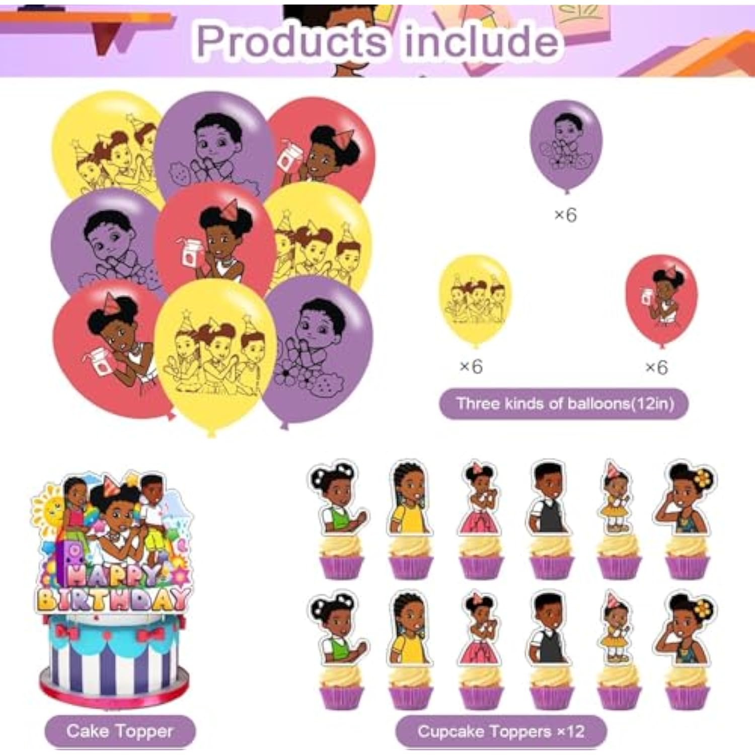 Corner Of Gracies Birthday Party Decoration - Pink, Purple, Yellow, Green Cartoon Theme - Includes Unique Cake Topper, 18 Pcs Latex Balloons, Happy Birthday Banner, 12 Cupcake Toppers