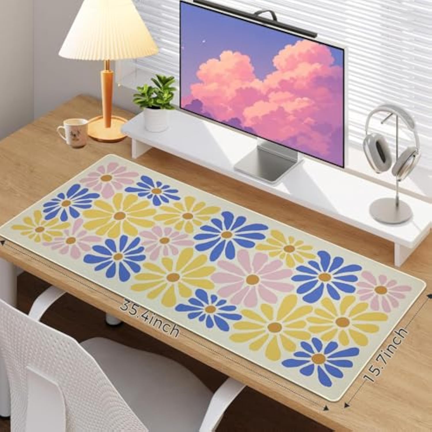 Mouse Pad Desk Mat Large, Anti-Slip Big Mousepad Xxl Large With Stitched Edges (Colorful Flower, 35.4"X15.7")