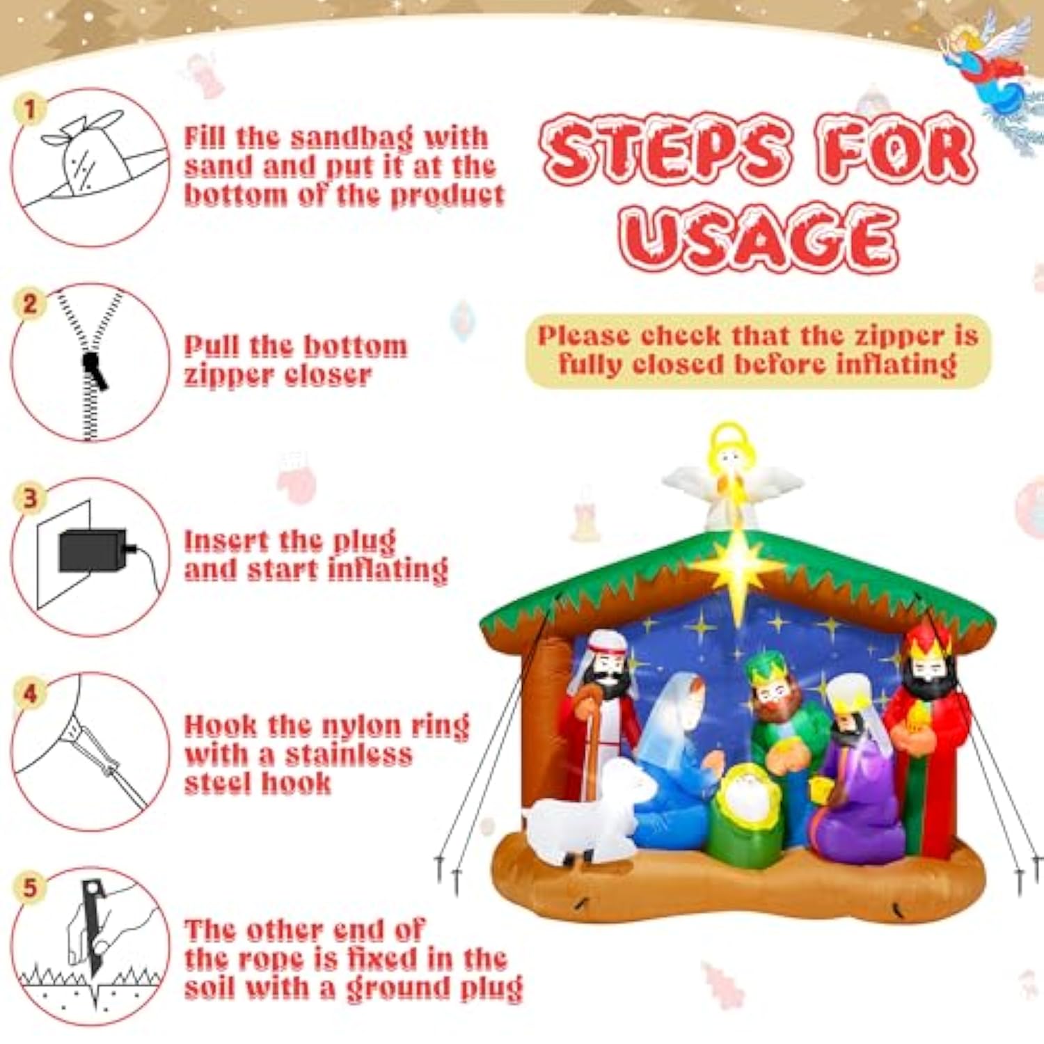 8Ft Christmas Inflatables Nativity Scene, Blow Up Christmas Nativity Scene, Led Lighted The Birth Of Jesus Scene Inflata