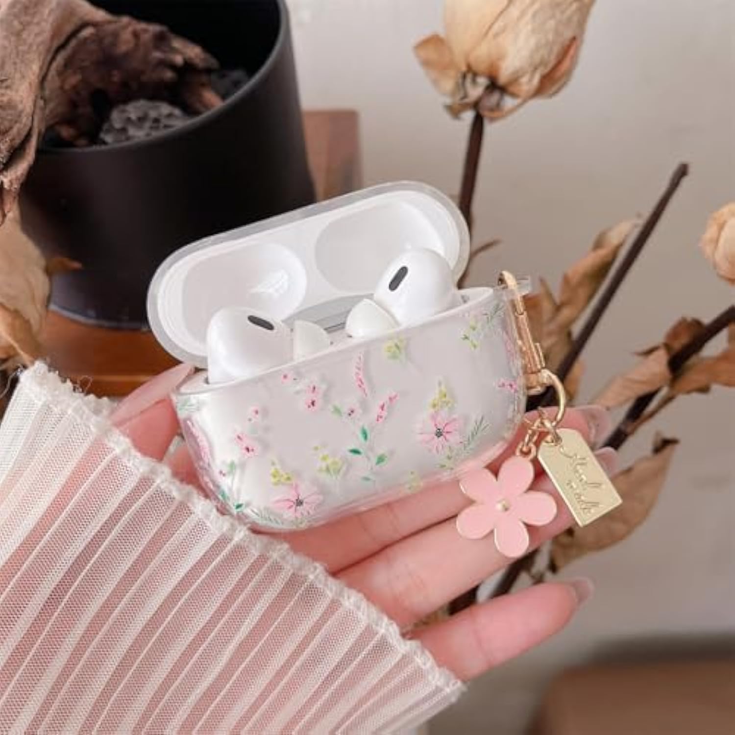 Compatible With Airpods Pro 2Nd/1St Case Clear Case, Cute Cartoon Flower Pattern Design With Aesthetic Floral Keychain Soft Tpu Protective Shockproof Cover For Airpods Pro/Pro 2-Pink