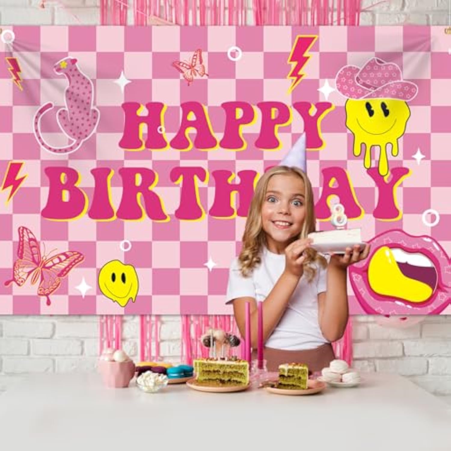 Preppy Birthday Backdrop, Pink Checkered Smiley Face Banner for Baby Shower & Parties