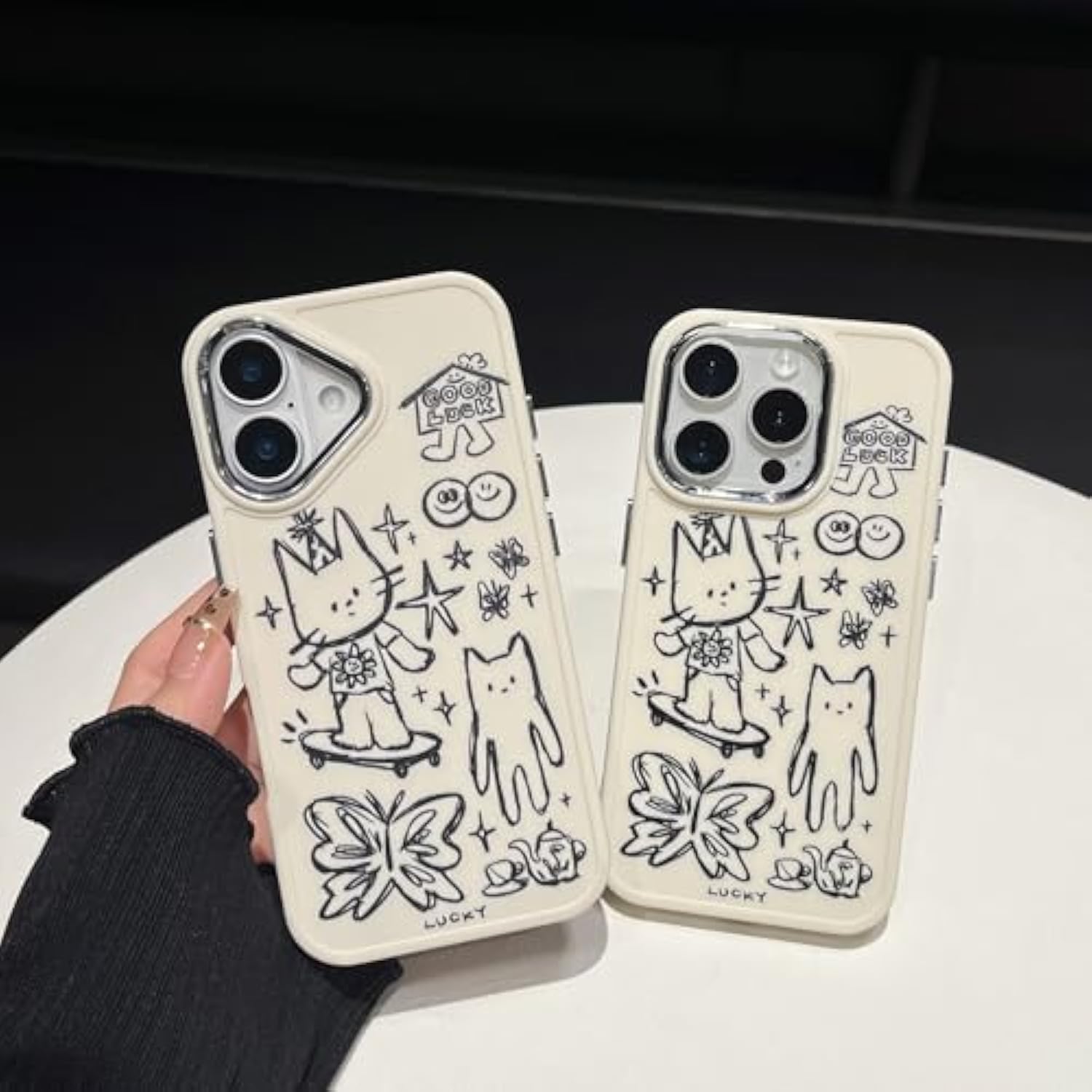 Designed For Iphone Case, Cute Cat Butterfly Star Lucky Line Drawing Soft Phone Case (White,For Iphone 13)