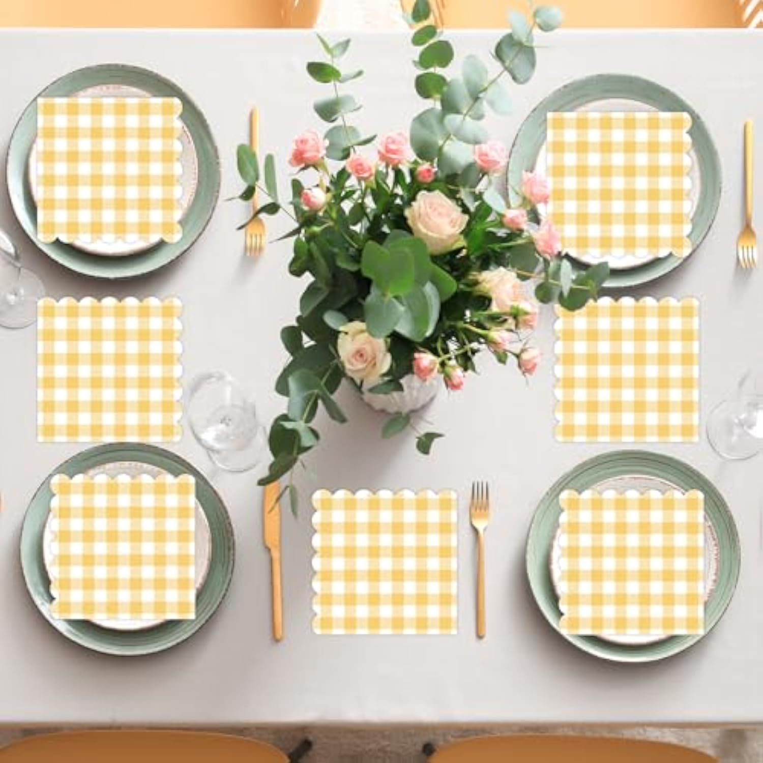 100Pcs 6.5 X 6.5Inch Yellow And White Checkered Scalloped Napkins Disposable Yellow Plaid Paper Napkin Gingham Party Decoration For Birthday Picnic Family Dinner Bbq Wedding Baby Shower Party Supplies