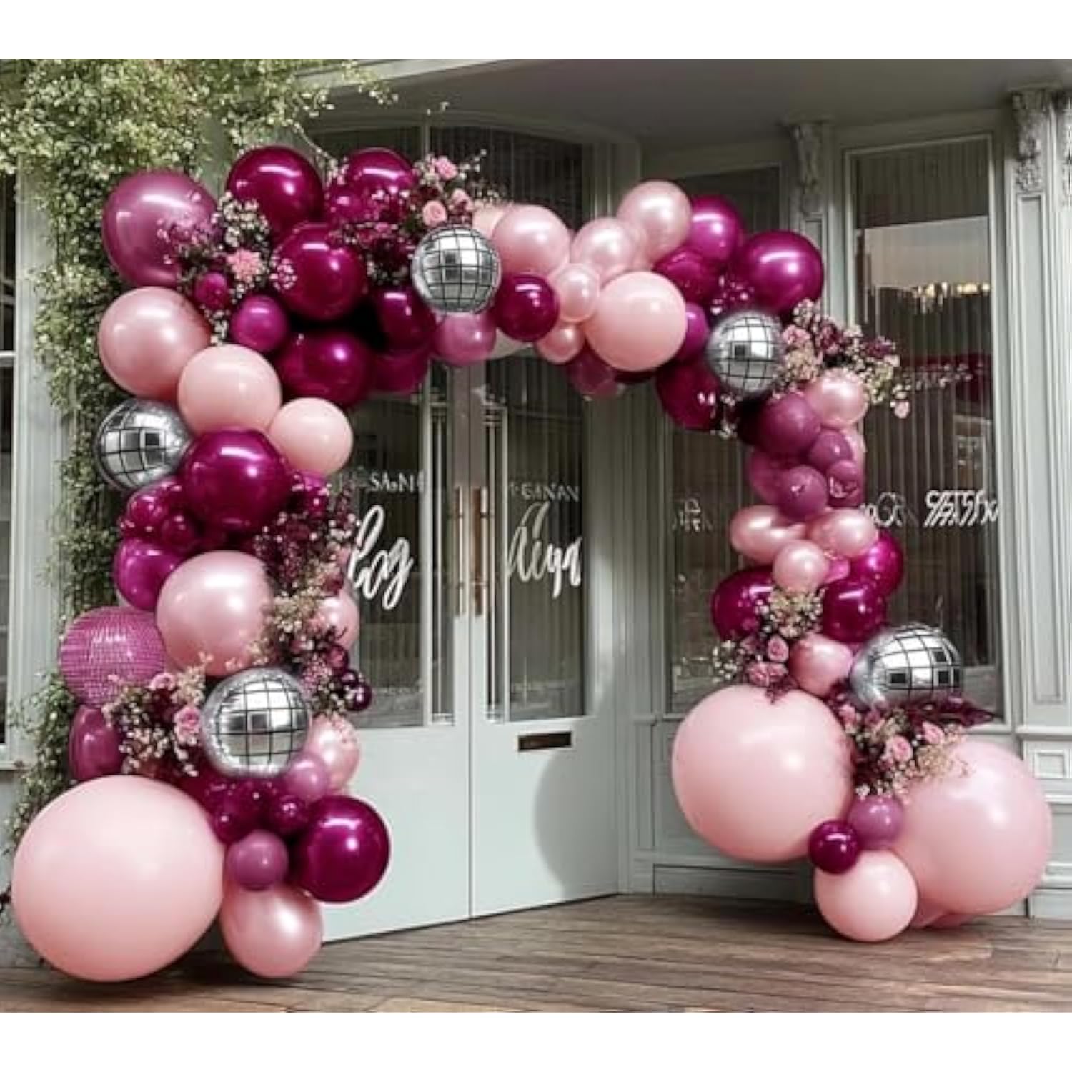 Purple Pink Balloon Arch Double Stuffed Pearl Pink Plum Silver Disco Foil Balloon For Birthday Prom Bridal Shower Mother’S Day Wedding Music Theme Party Decor