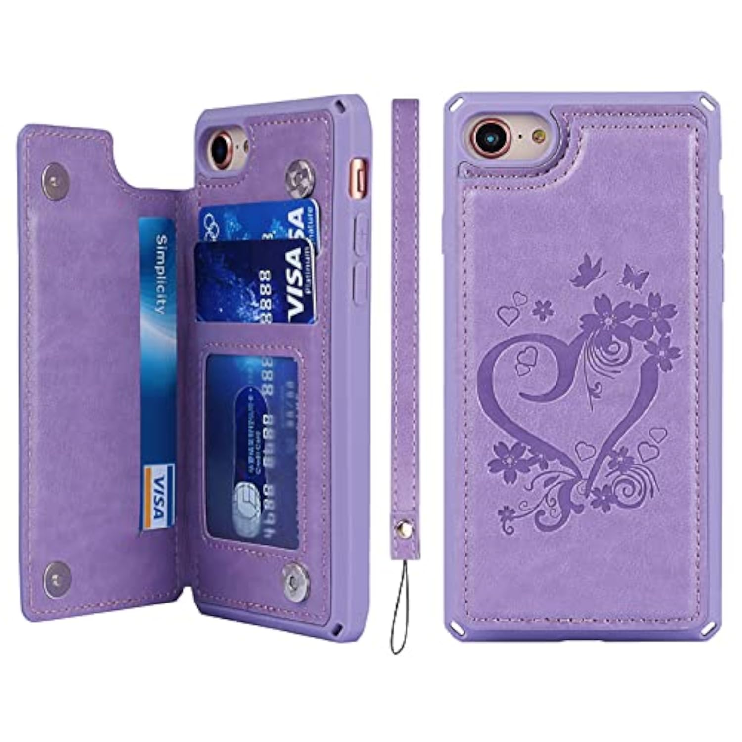 Heart Purple Phone Case with Card Holder and Wallet Function for iPhone SE 2022/SE 2020/7/8, Women's RFID Blocking PU Leather Wrist Strap Case
