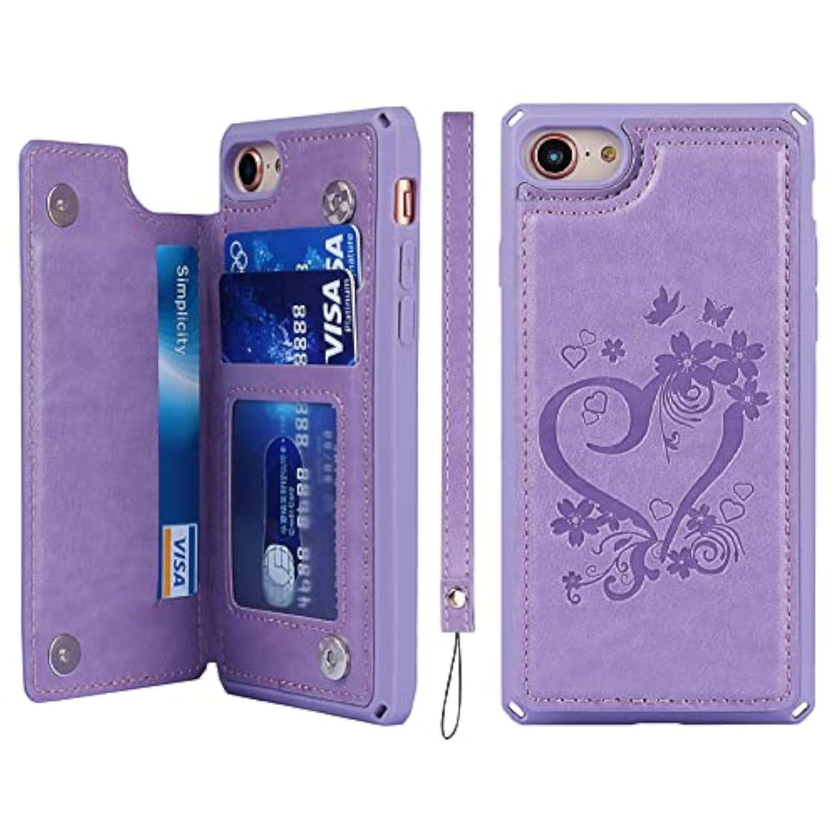 Heart Purple Phone Case with Card Holder and Wallet Function for iPhone SE 2022/SE 2020/7/8, Women's RFID Blocking PU Leather Wrist Strap Case