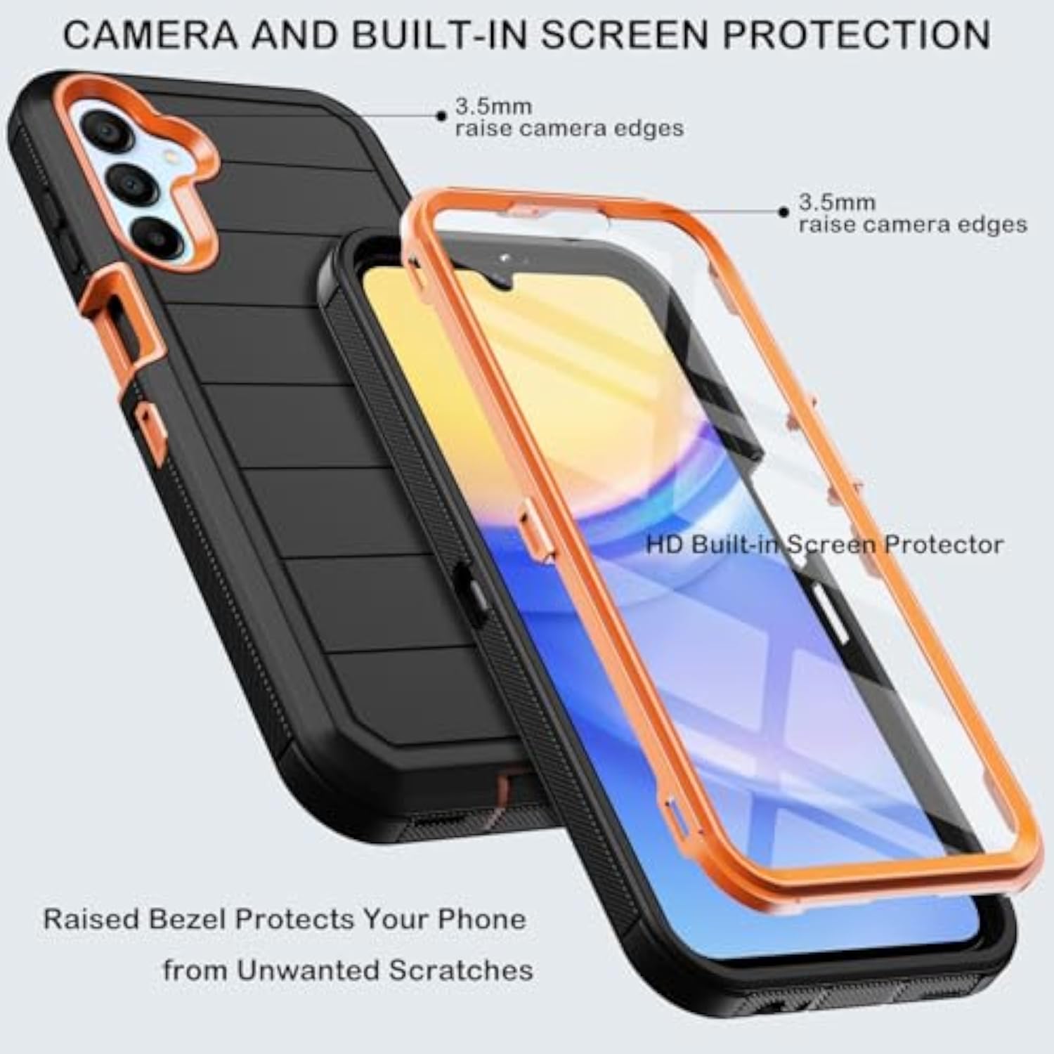 Samsung Galaxy A15 5G Heavy Duty Shockproof Phone Case with Belt Clip Holster, Built-in Screen Protector, Military Grade Durable Drop Protection Kickstand for Samsung Galaxy A15 5G (Black/Orange)