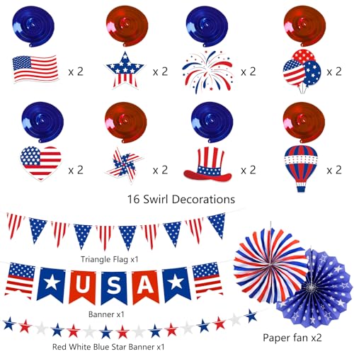 37Pcs 4th of July Decorations Patriotic Decorations USA Banner Red White Blue Paper Fans Star Streamer Pennant Hanging Swirl Fourth of July Independence Veterans Labor Presidents Flag Memorial Day