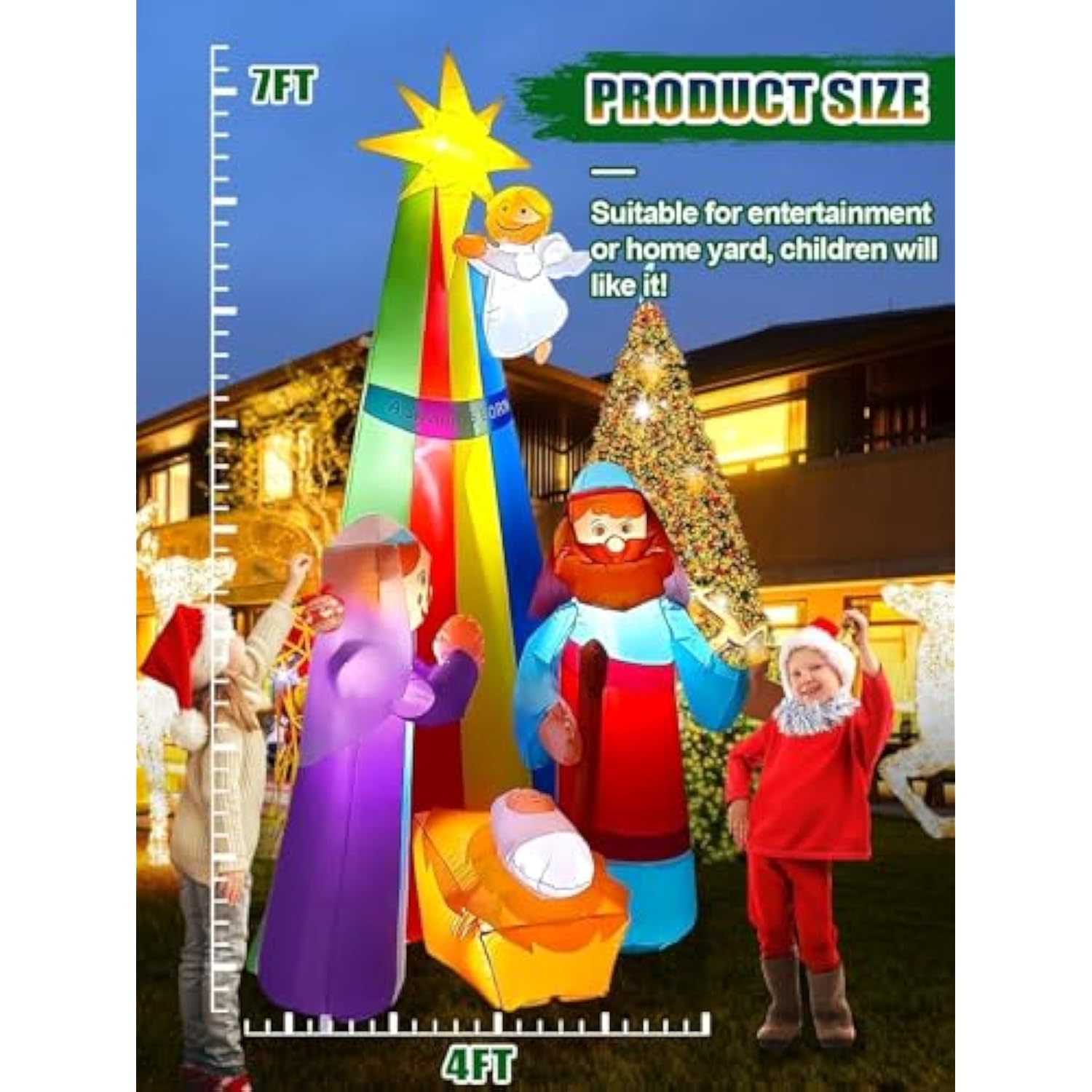 7Ft Christmas Inflatable Nativity Scene Decoration, Lighted Outdoor Nativity Scene With Star Of Bethlehem Blow Up Yard D