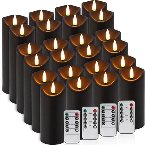 24 Pack Black Halloween Decoration Flickering Flameless Candles(D2.2 xH 5" 6" 7"), Battery Operated LED Pillar Candles with Remote Control and Timer,for Home Decor.