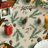 Pine Cone Leaves Stars Merry Christmas Table Runner, Seasonal Winter Green Kitchen Dining Table Decoration For Home Party Decor 13X36 Inch