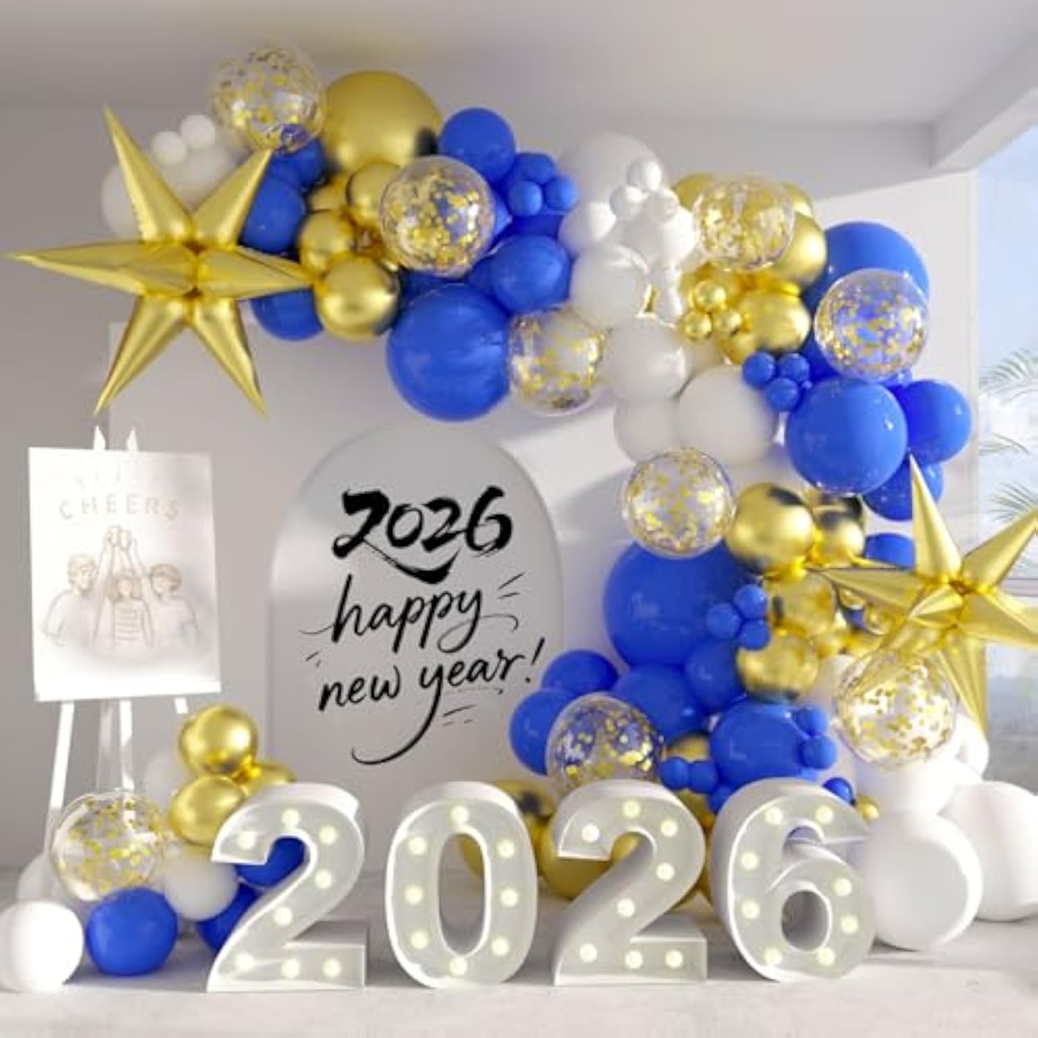 2026 New Year Balloon Arch Kit with Blue, Gold, White, and Confetti Balloons
