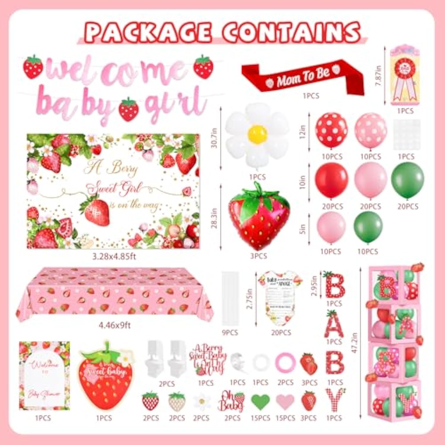 Strawberry Baby Shower Decorations, Berry Sweet Welcome Baby Party Supplies Girl Gender Reveal Party Decor, A Berry Sweet Girl Is On The Way Strawberry Backdrop Balloon Arch Box Kit