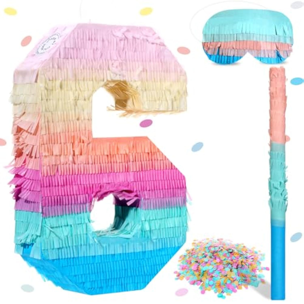 16 Inch Number Piñata Kids Birthday Party Macaron Piñata With Blindfold Stick And Confetti For Unicorn Birthday Wedding Baby Shower Decor(Number 6)