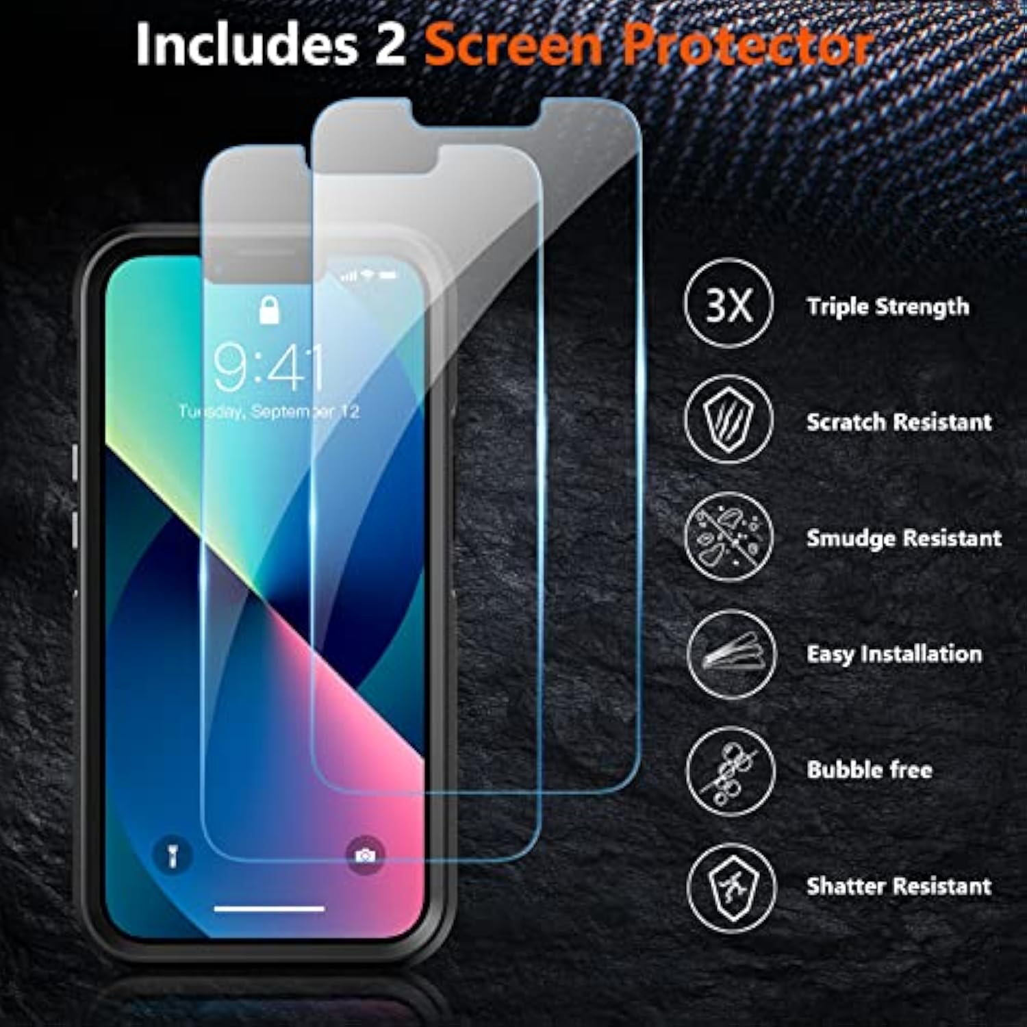 iPhone 13 Case with 10Ft Military Drop Protection & 2 Tempered Glass Black