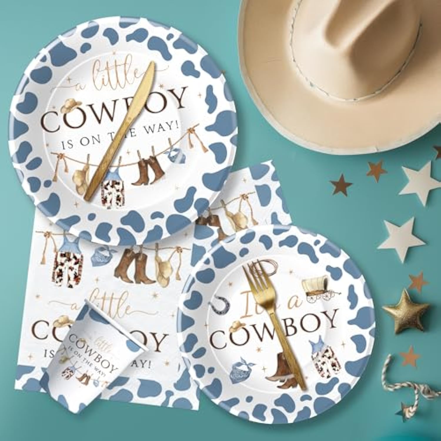 Western Cowboy Baby Shower Decorations Tableware - Wild West Rodeo Little Cowboy Baby Boy Table Decorations Party Supplies, Paper Plate, Cup, Napkin, Tablecloth, Cutlery | Serves 24