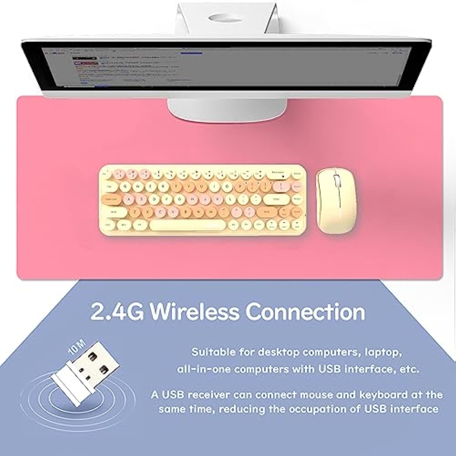 Compact Wireless Keyboard And Mouse Combo, Colorful Round Keycap, Soundless 68 Keys, Suitable For Girls And Kids, Compatible With Notebook, Pc (Milk Tea)
