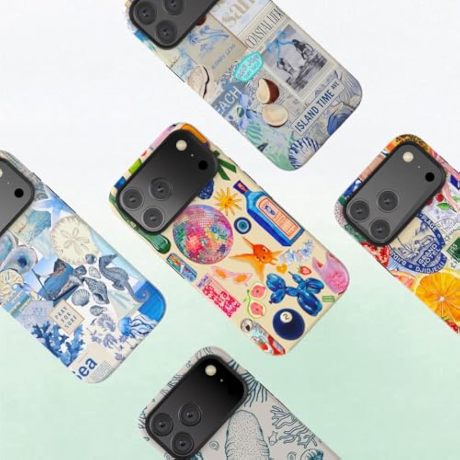 Cute Patterns Shockproof Protective Aesthetic Phone Case for iPhone 17 Pro Max 6.9" with Stylish Designs for Women Girl, Vintage Beach Blue Collage Coast Collage