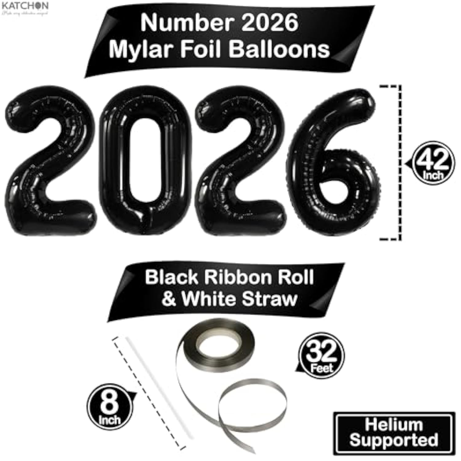 42 Inch Giant Black 2026 Number Balloons New Year Party Supplies