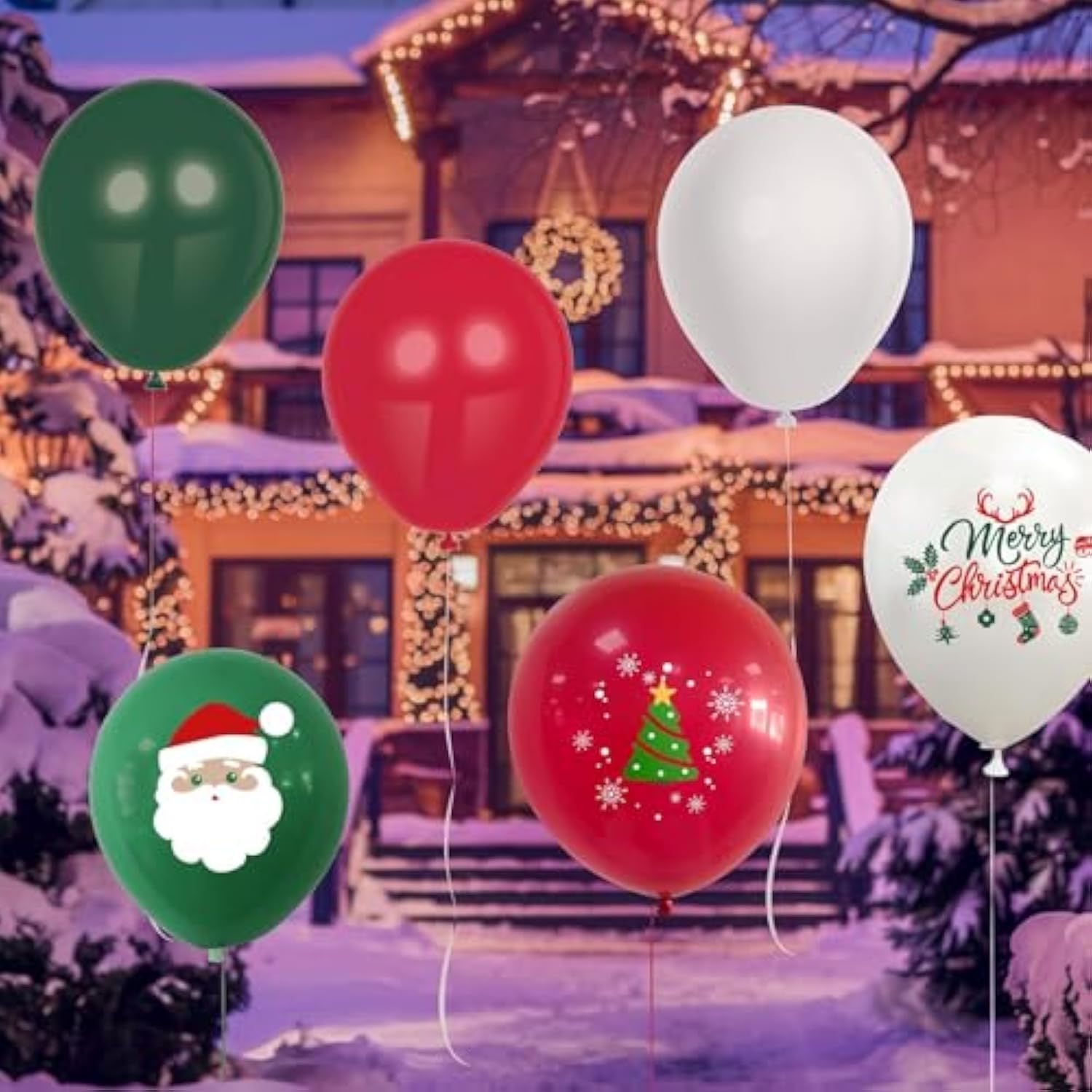 Christmas Balloons, 12 Inch Green Red White Merrychirstmas Printed Balloons Merry-Chirstmas Tree Santa For Chirstmas Party Decorations Celebration Party Balloons With Ribbon