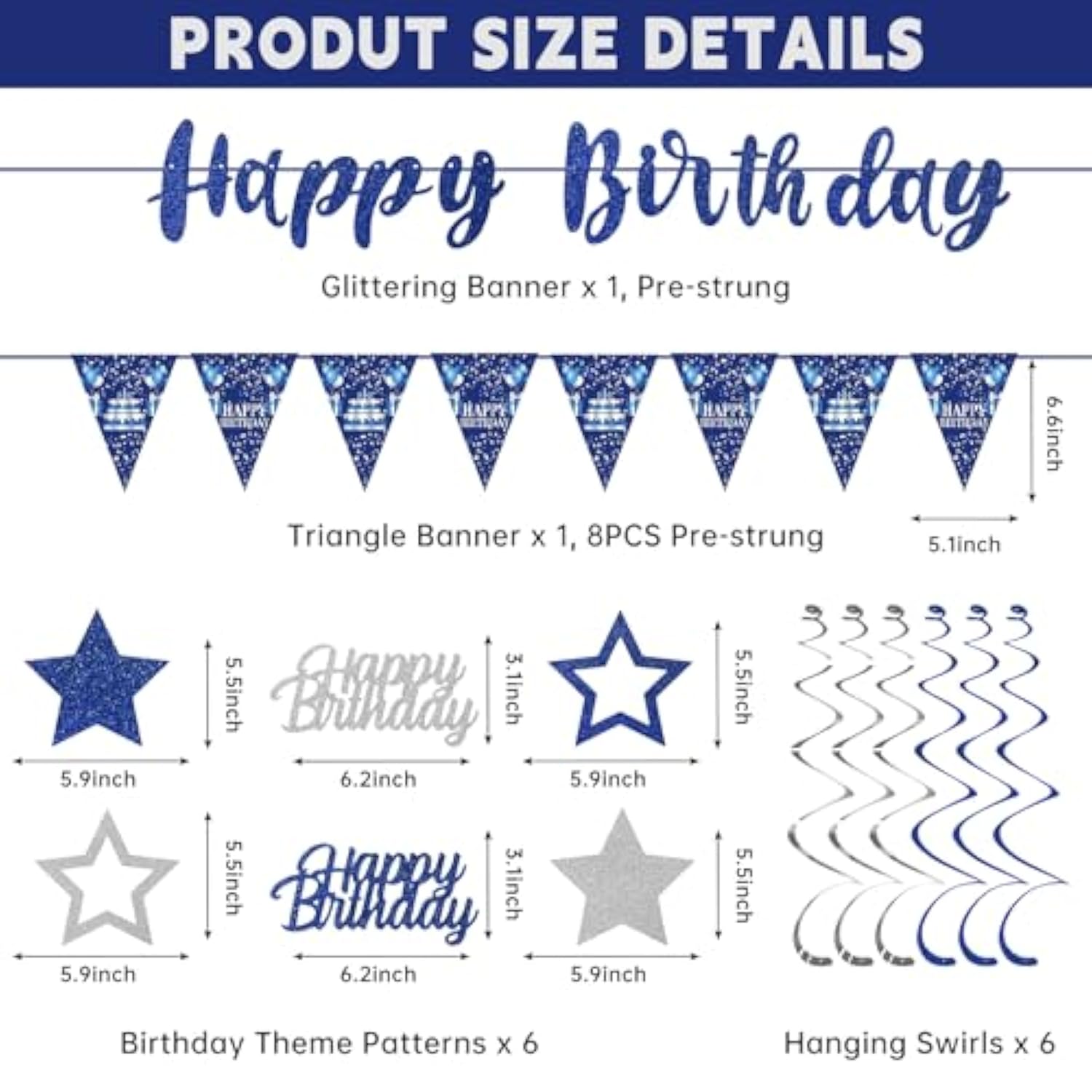 Blue Silver Birthday Décor Banner & Hanging Swirls for Parties