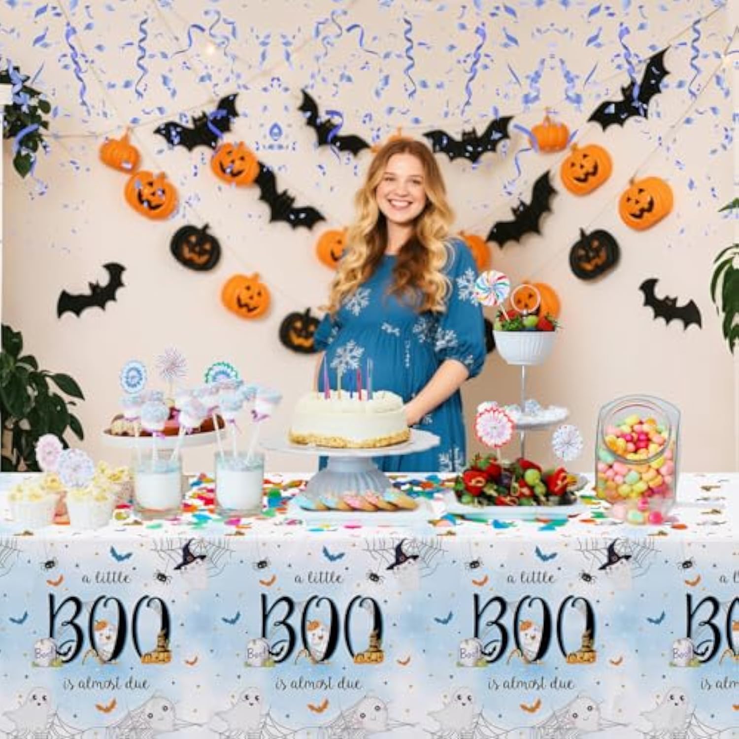 3 Pack Little Boo Tablecloth, Disposable Plasticable A Little Boo Is Almost Due Baby Boy Table Cloth Rectangle 54X108 Inch, Table Cover For Blue Halloween Baby Shower Deco Party Supplies