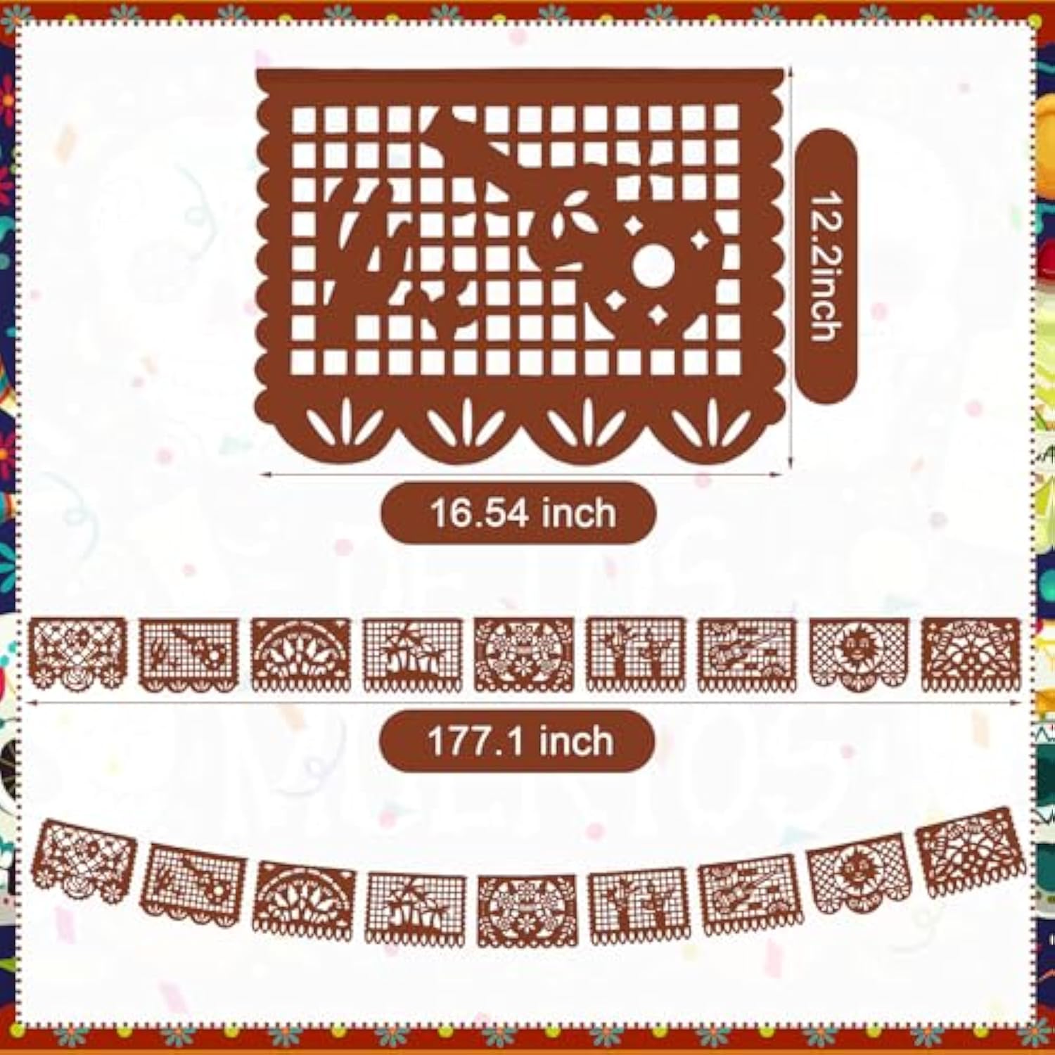 4 Pack 59 Ft Papel Picado Banner Mexican Talavera Party Plastic Fiesta Banner Mexico Wedding Decorations For Day Of The Dead Cinco De Mayo Cielito Lindo Party Decorations (Brown)
