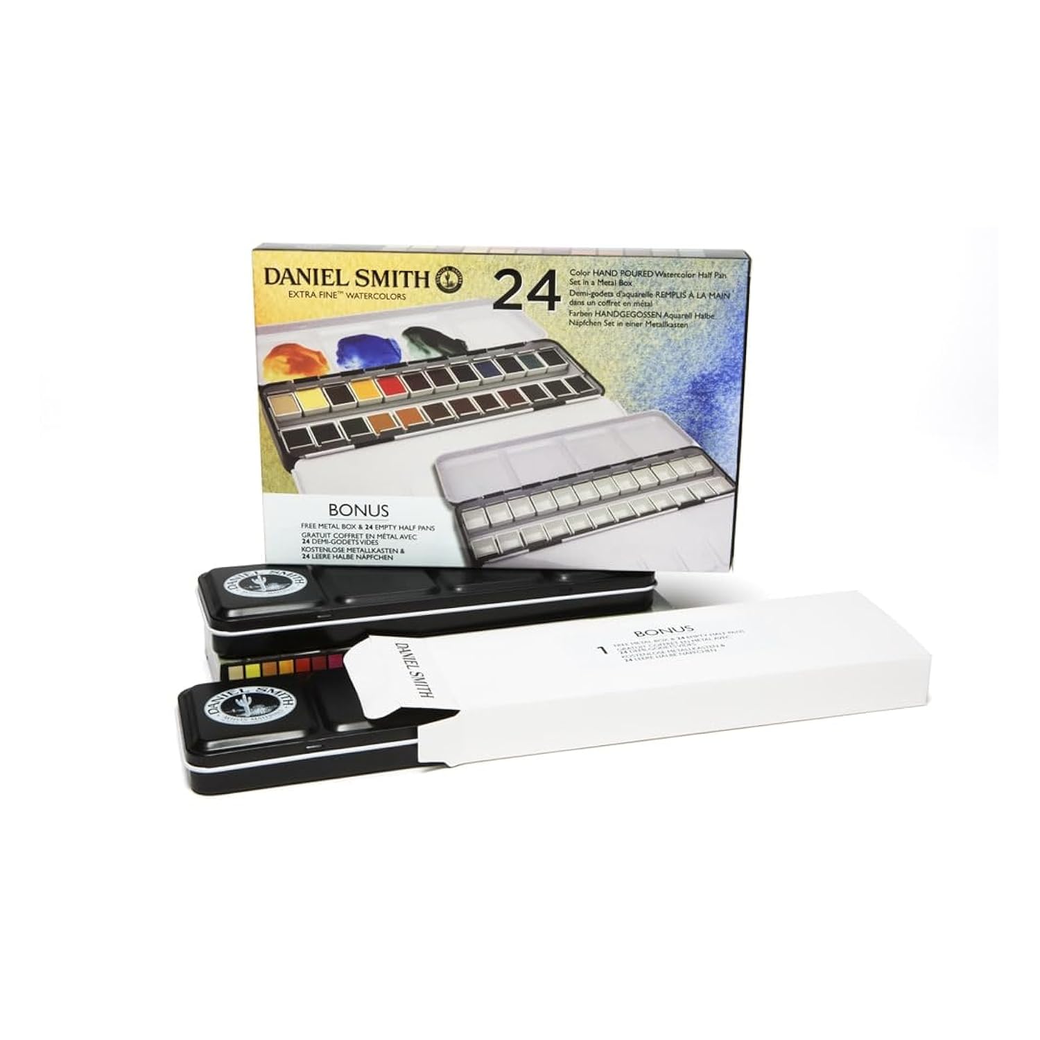 Daniel Smith Color Hand Poured Pan Set with BONUS Metal Box and Empty Half Pans, 24 Units (Pack of 1)