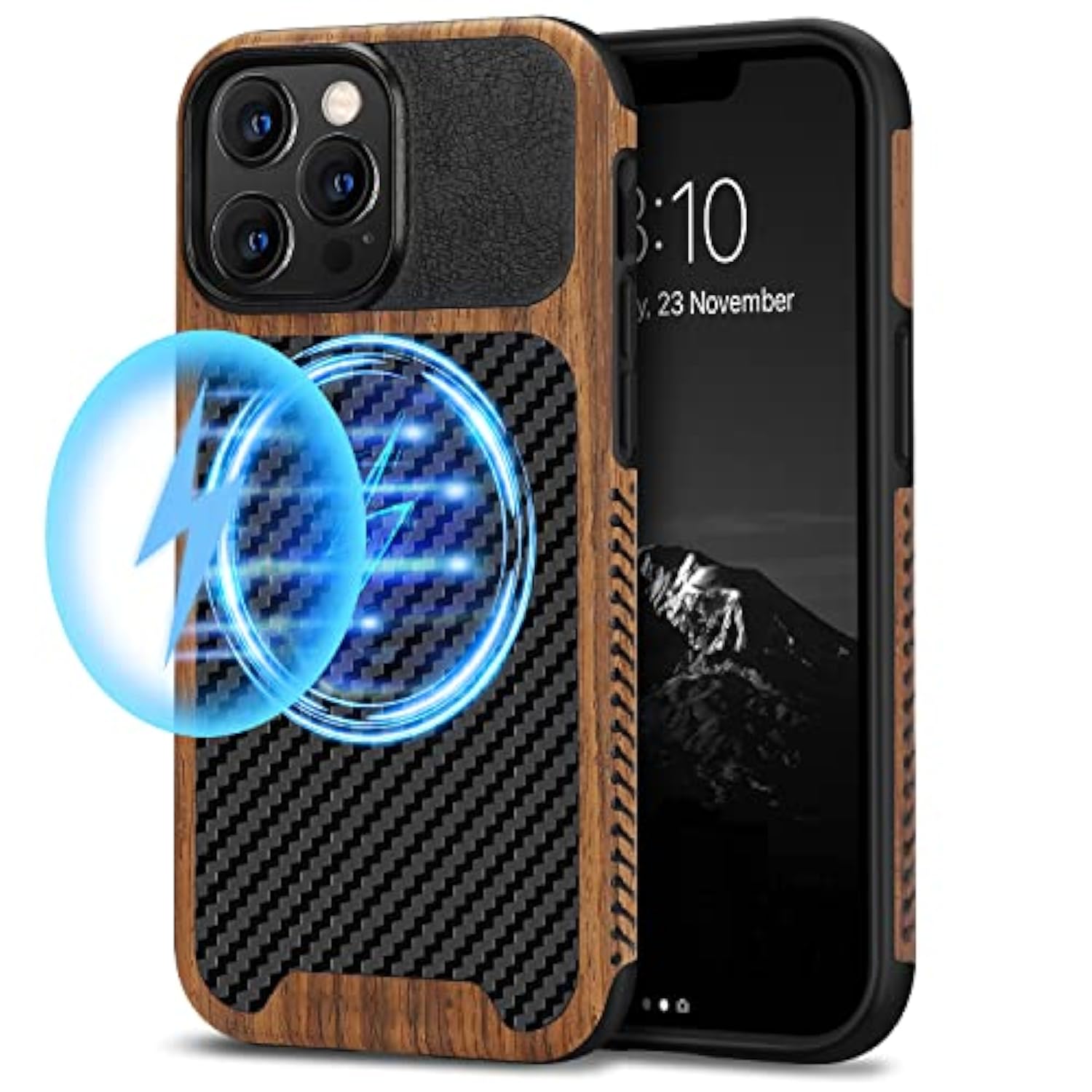 Magnetic Case Compatible With Iphone 13 Pro Max Case Wood Grain With Carbon Fiber Texture Design Leather Hybrid Slim Case (Compatible With Magsafe) Black