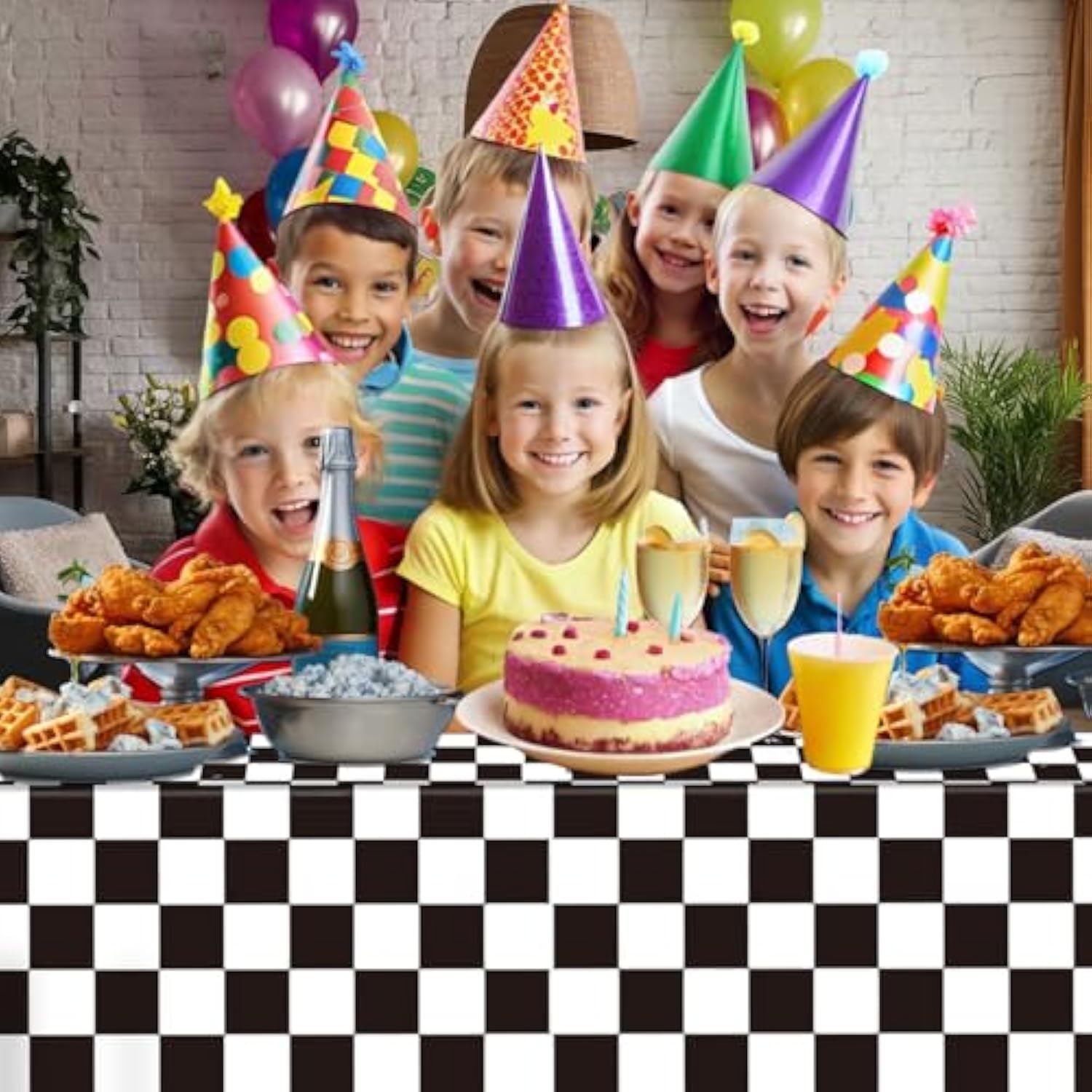 3-pack black & white checkered race car tablecloths, 54" x 108", for party décor