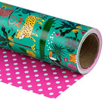 Reversible Jungle Wrapping Paper - Mini Roll - 17 Inch X 33 Feet - Tigers In The Jungle Wild One Birthday Wrapping Paper For Kids Girls Birthday, Baby Shower