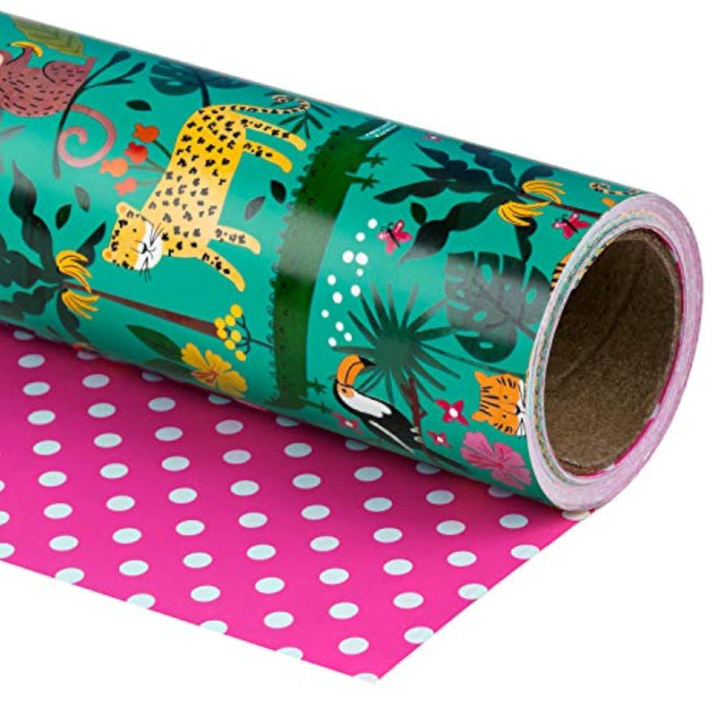 Reversible Jungle Wrapping Paper - Mini Roll - 17 Inch X 33 Feet - Tigers In The Jungle Wild One Birthday Wrapping Paper For Kids Girls Birthday, Baby Shower
