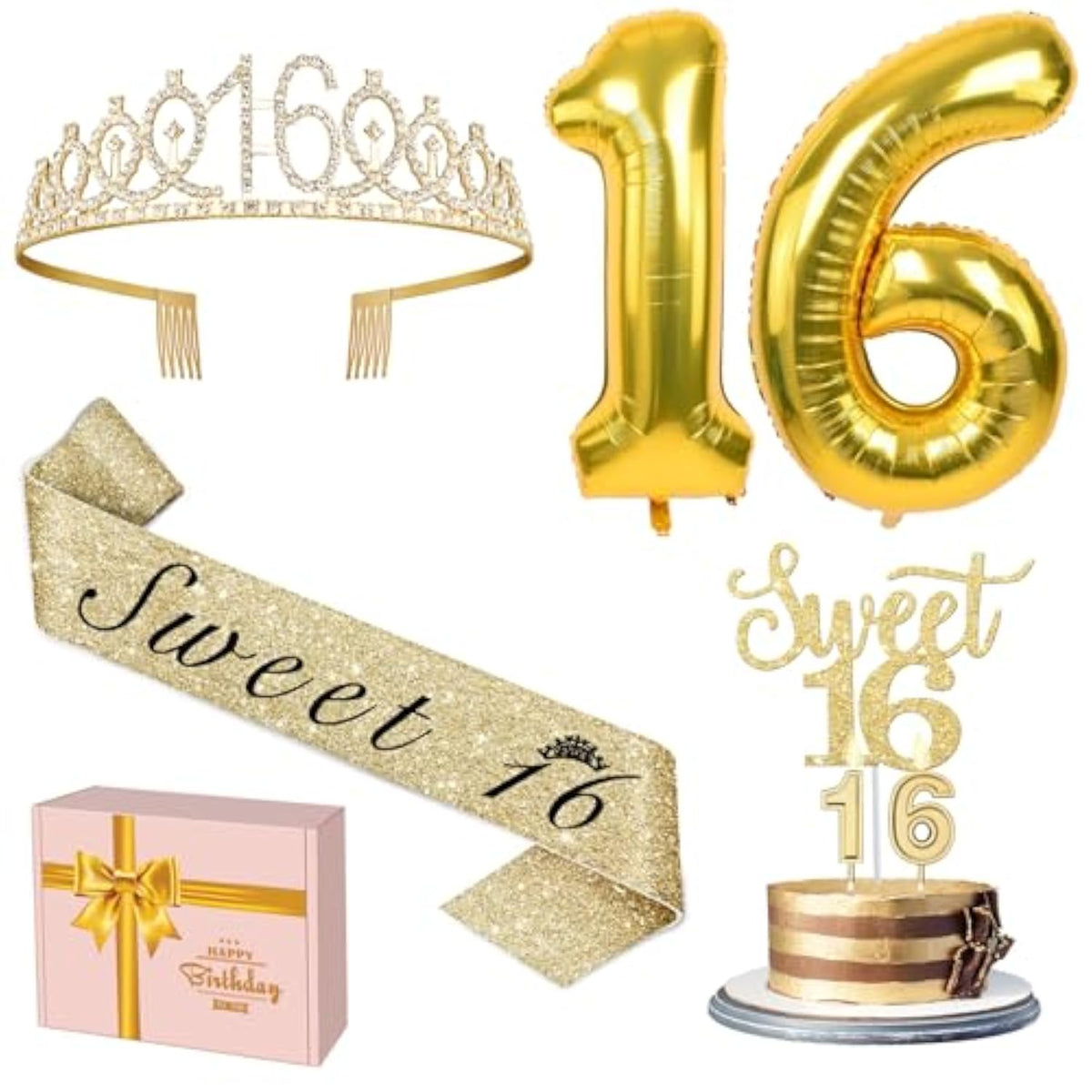 16Th Birthday Decorations For Girls Gold With Sweet 16 Sash And Tiara, Cake Topper And Candles, Number Balloons, Sweet 16 Party Decoration Gifts