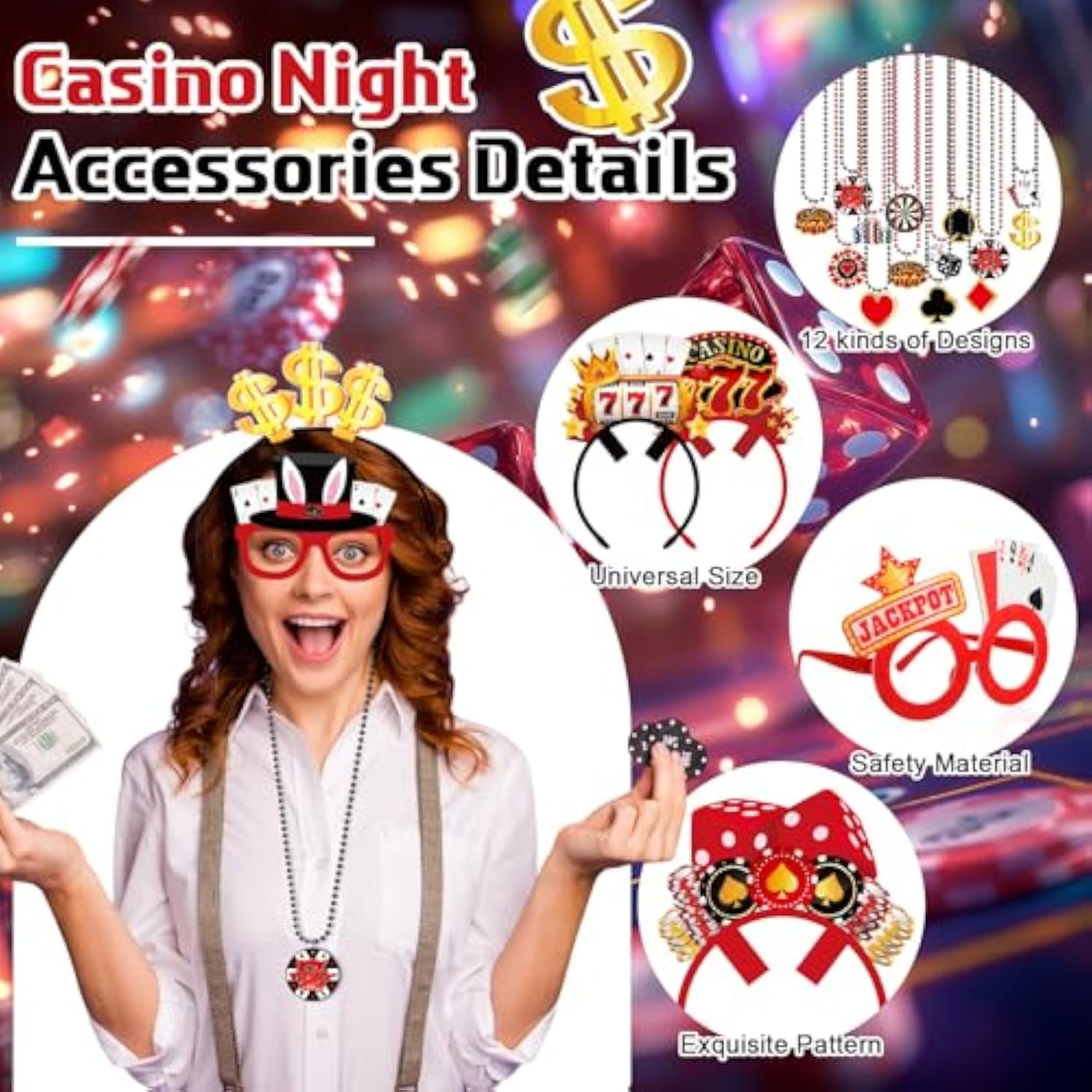 36 Pcs Casino Night Party Favors Casino Theme Felt Headband Eyeglasses Beaded Necklaces Dice Dollar Sign Poker Party Decorations Accessories For Las Vegas Game Night Decor Photo Prop Supplies