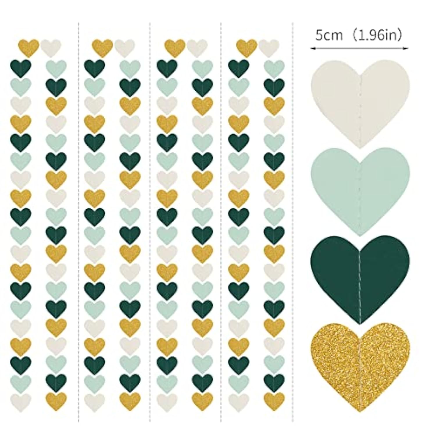 Sage-Green Mint Beige-Gold Love-Heart Garland - 52Ft Rustic Wedding Hanging Decoration Streamers Banner, Baby Safari Birthday Bachelorette Bridal Shower Engagement Valentines Party Decor