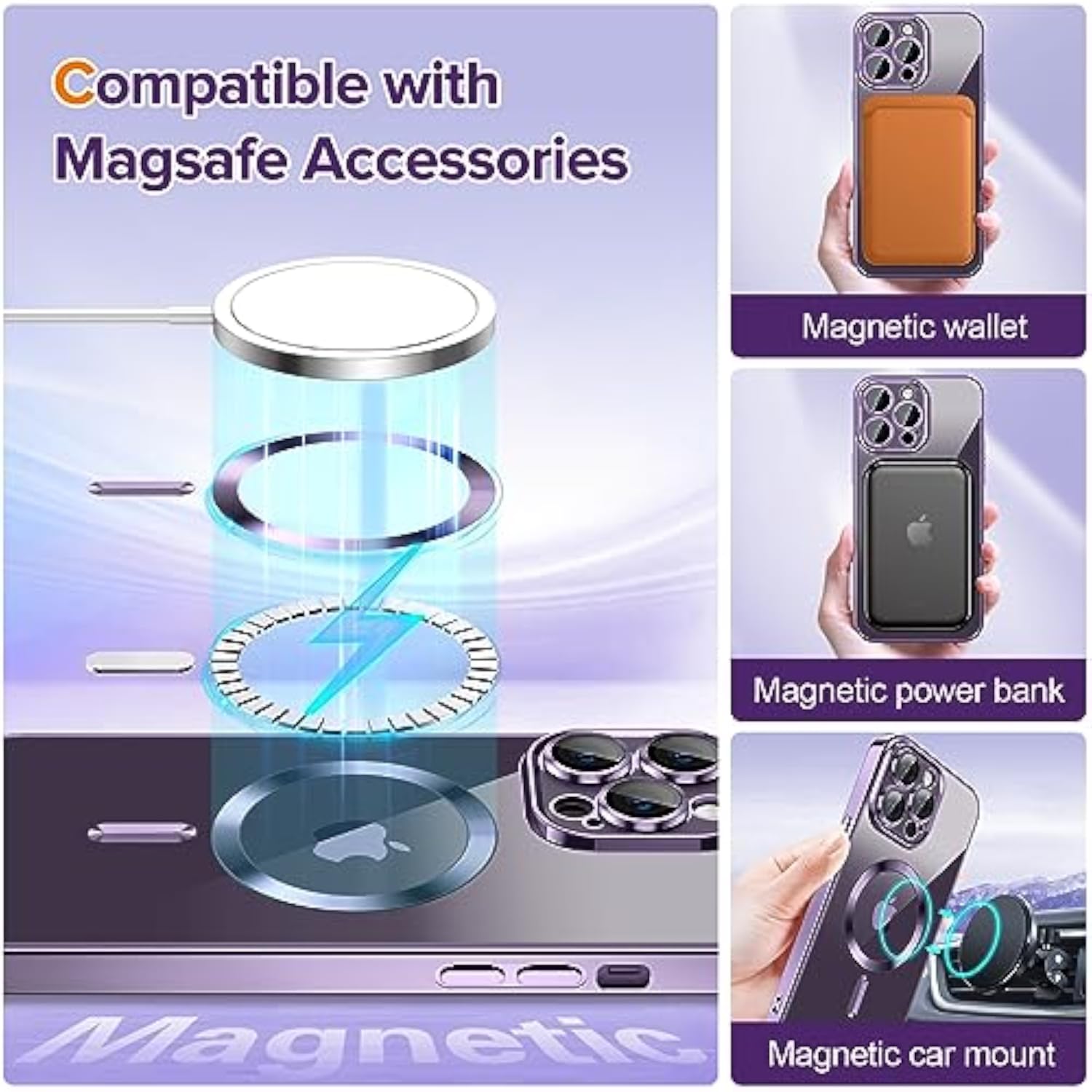 Luxury Clear Magnetic Case for iPhone 14 Pro with Camera Lens Protector, Compatible with MagSafe, Deep Purple, 6.1"