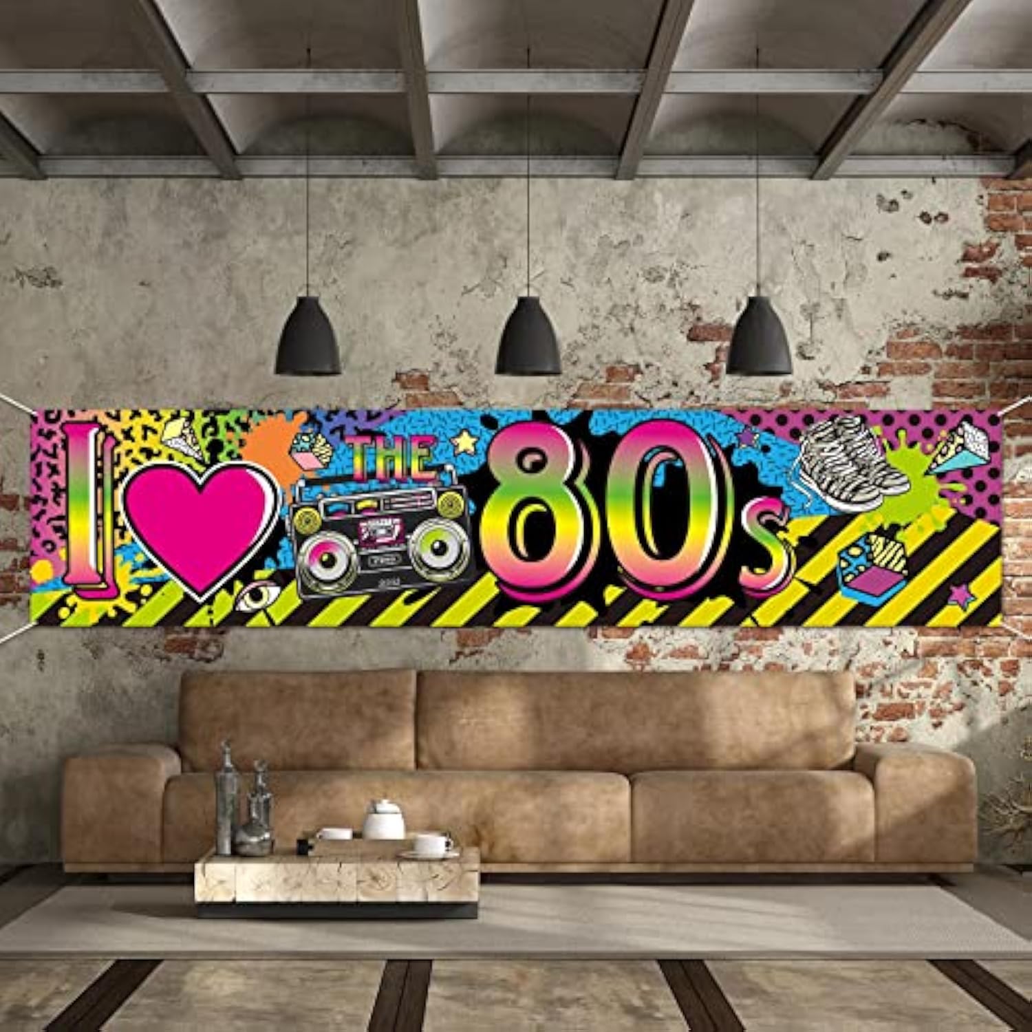 80s Party Decorations "I Love 80s" Banner & Retro Graffiti Backdrop 70.8x15.7 Inch