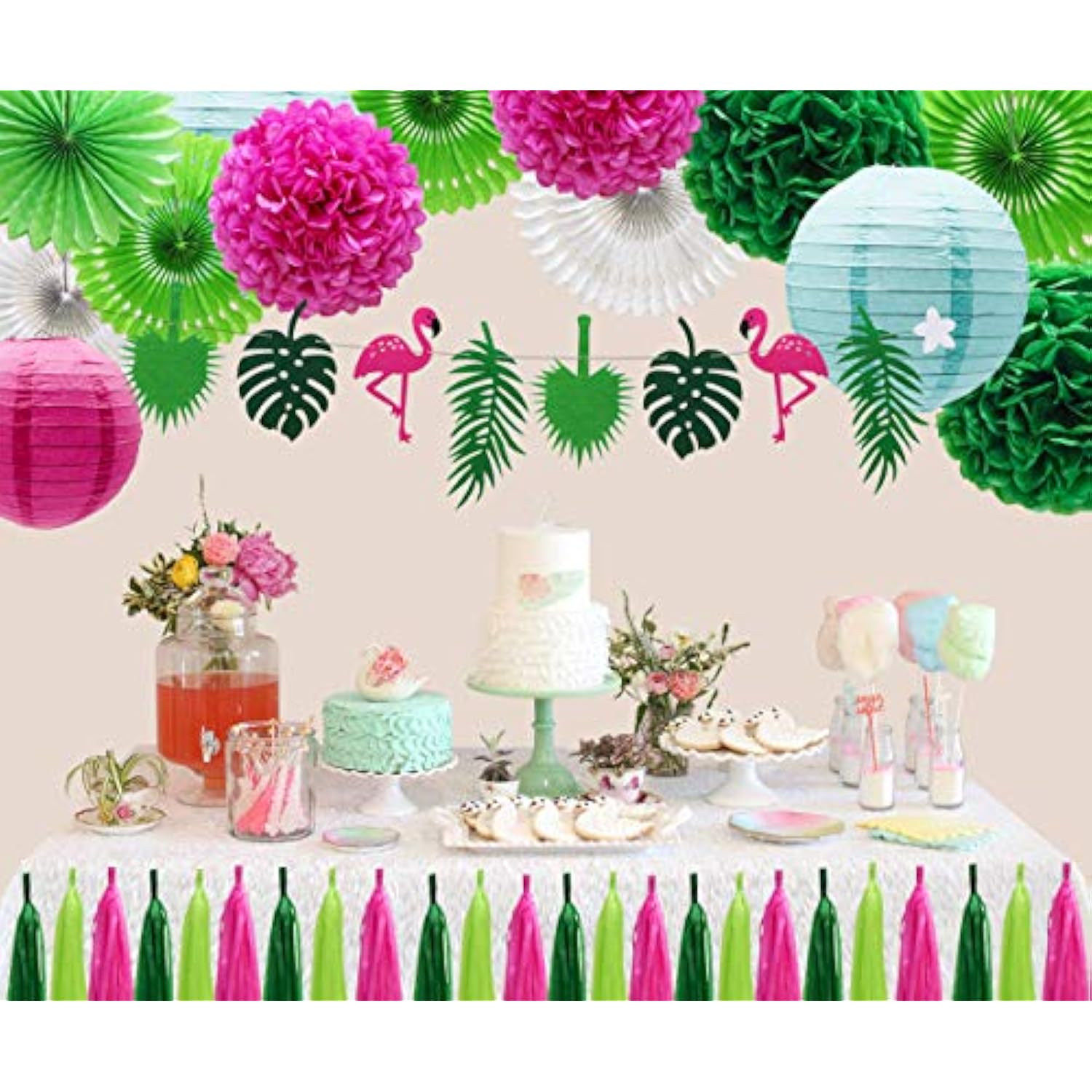 Tropical Flamingo Palm Leaf Banner Party Decorations, Hanging Paper Fans Paper Lanterns Pom Poms Flowers Tissue Tassels For Birthday Baby Shower Summer Hawaiian Party Bachelorette
