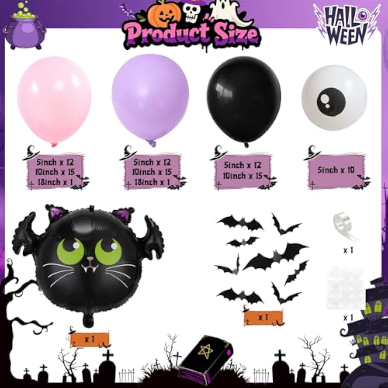 Halloween Balloon Garland Kit: Pastel Pink, Purple, Black & Eyeball Bats