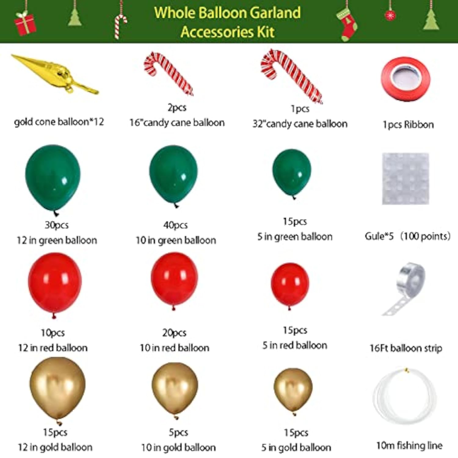 Christmas Balloons Garland Arch Kit With Red Green Gold Tree Candy Cane Golden Water Droplets Exploding Star Balloon For Christmas Party Decorations