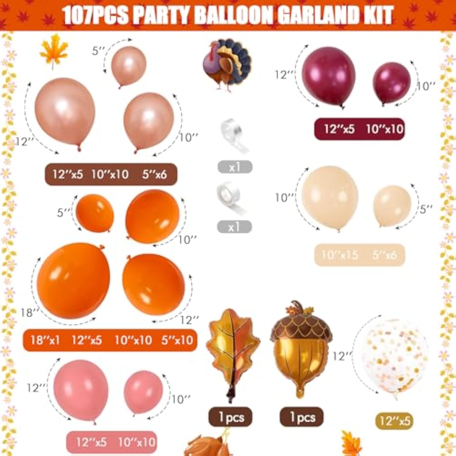 Fall Balloon Arch Kit with Orange Burgundy Pink Nude Balloons for Thanksgiving Party