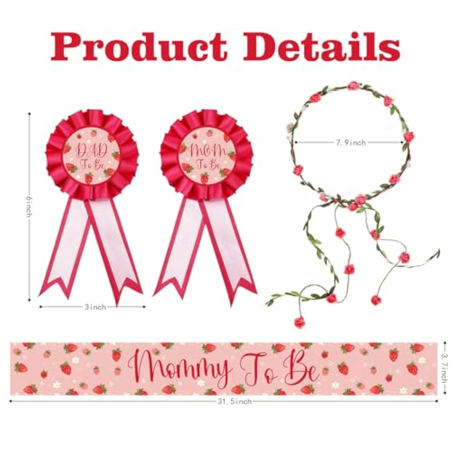 Strawberry Mom To Be Sash For Baby Shower Decorations, Dad To Be Corsage And Flower Crown Headband Set, Berry Sweet Baby Shower Sash For Gender Reveal, Party Favors, Pregnancy Props Keepsake