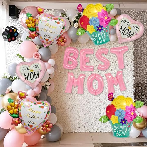 13 Pcs Happy Mother's Day Balloons Mother's Day Party Decorations Heart shapeLove You Balloons for Rose flower Best Mom Thematic Birthday Party Decorations