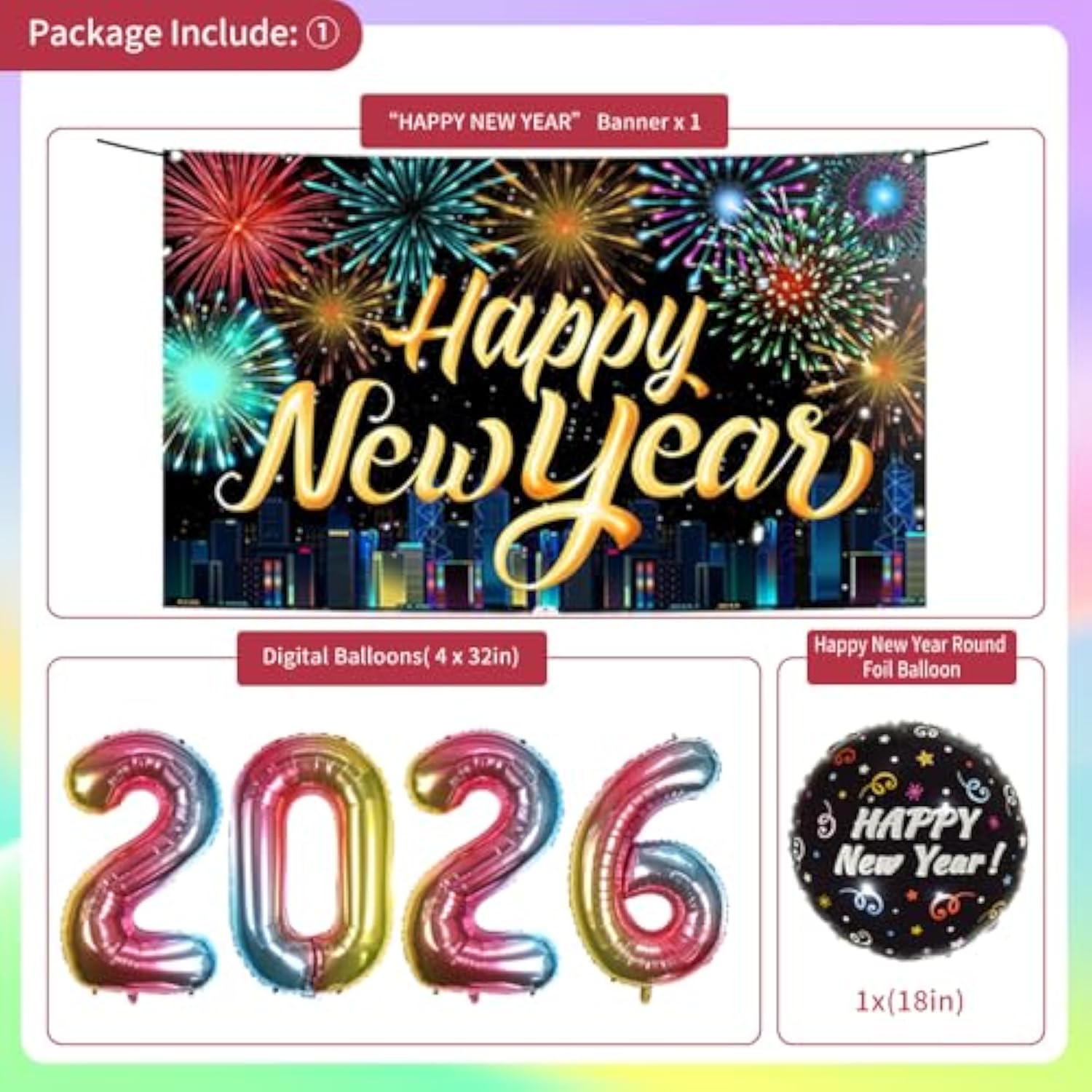 New Years Eve Party Supplies 2026, Rainbow Black Happy New Year Decorations Kit, Banner, Latex Confetti Balloons, 2026 Foil Balloons, 2026 New Year Eve Photography Background