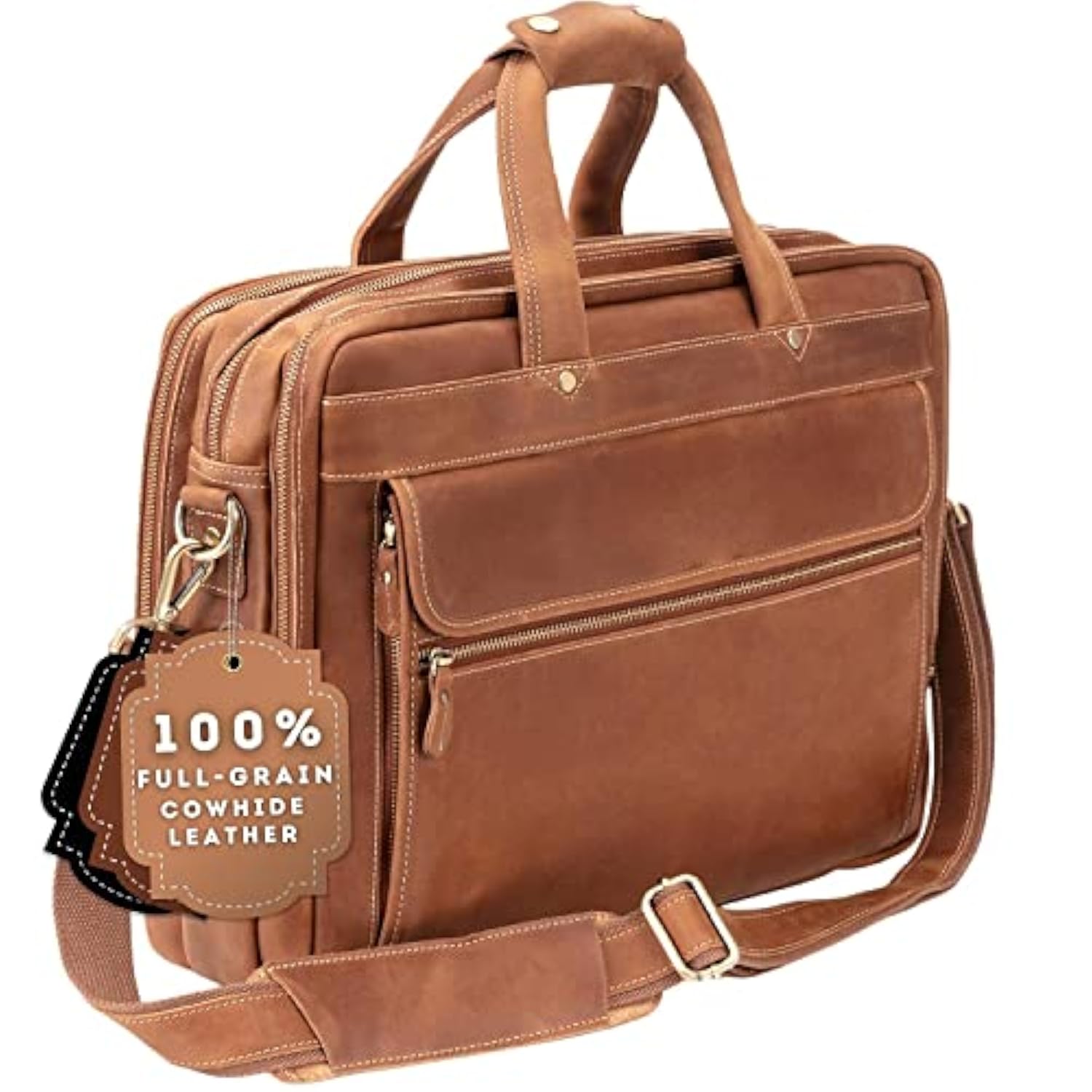 Full Grain Leather Briefcase For Men, Light Brown, 17"(W) X 13"(H) X 5"(D), Fits 15.6 Inch Laptop