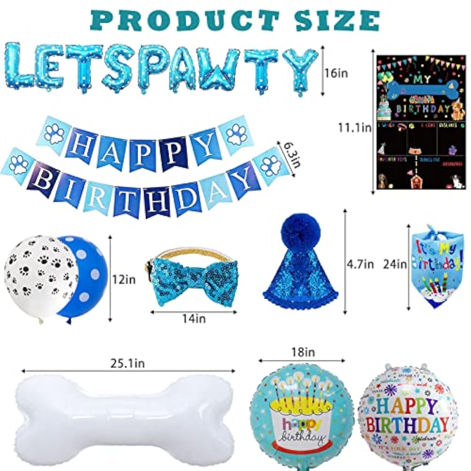 Boy Dog Birthday Party Decoration Set: Hat, Bandana, Bowtie, Banner, Balloons