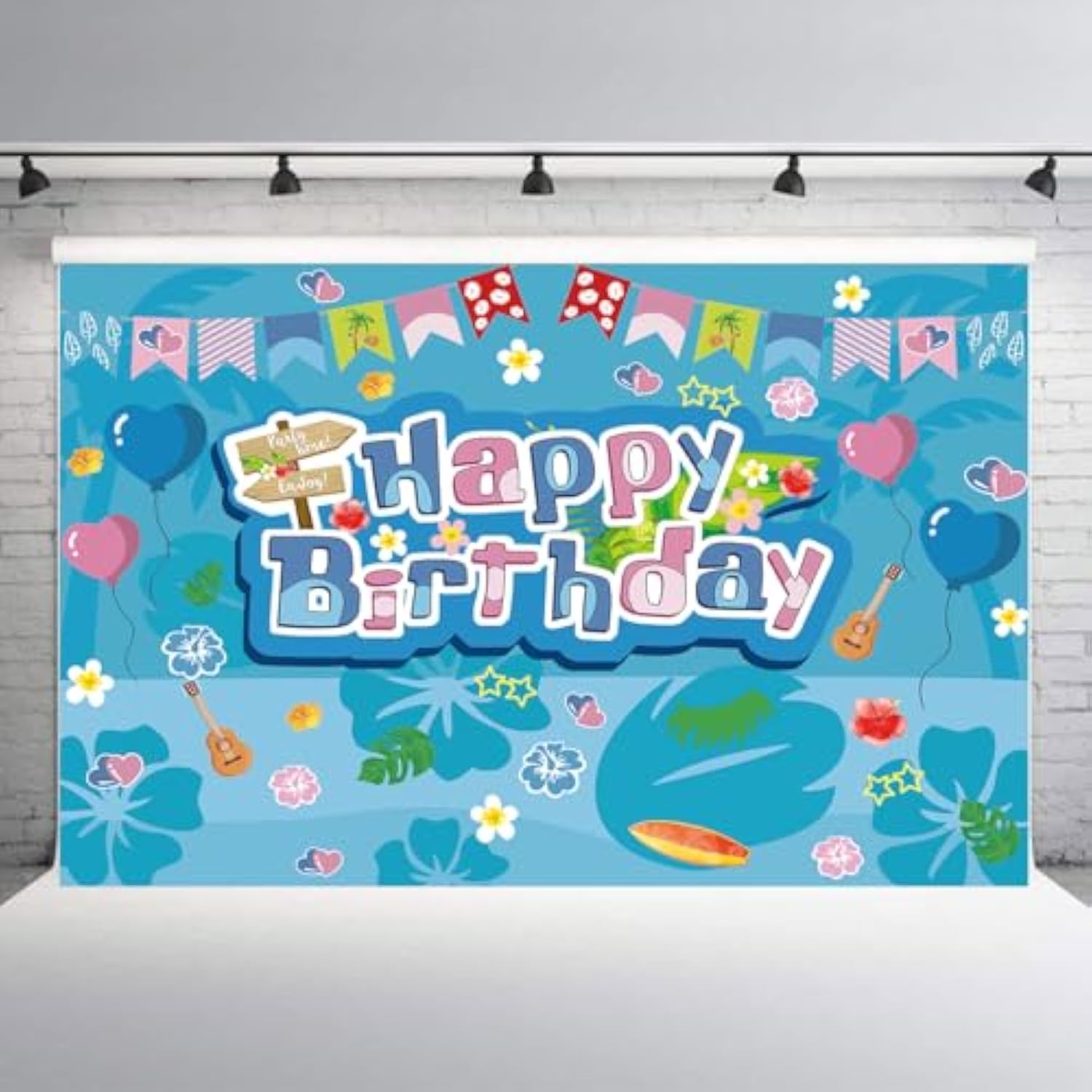5×3 ft Blue & Pink Tropical Hawaii Cartoon Birthday Party Photography Backdrop