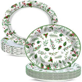 50Pcs Christmas Oval Plates Christmas Seasonal Holly Paper Plates 9.4 * 11.6Inch Large Disposable Platter For Merry Christmas Party And Holiday Party Decorations