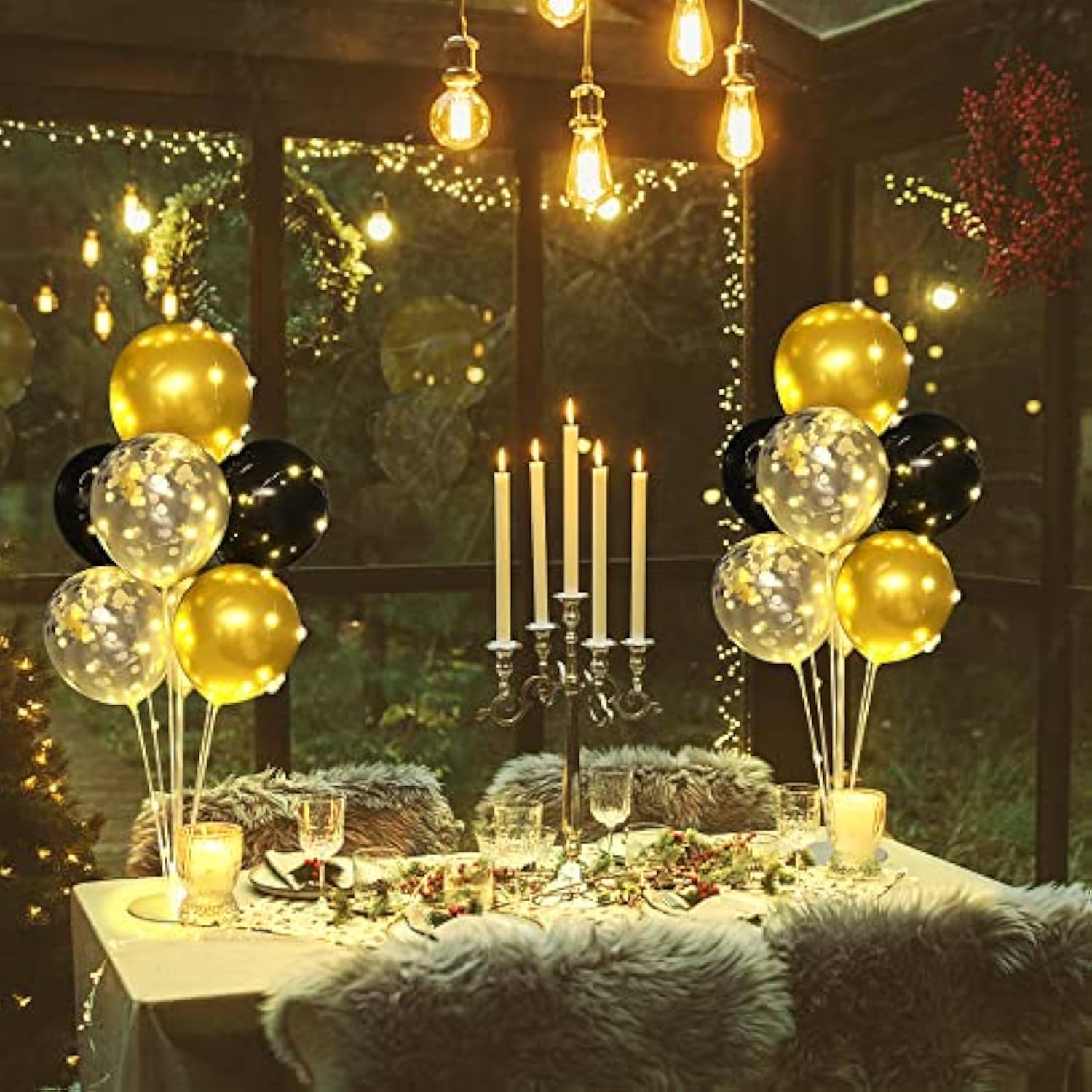 2 Set Table Balloon Stand Kit With Lights, Light Up Balloon Holder Include 16 Black Gold Latex Confetti Balloons, Christmas Party Decorations For Birthday, Weddings, Anniversary And Graduation